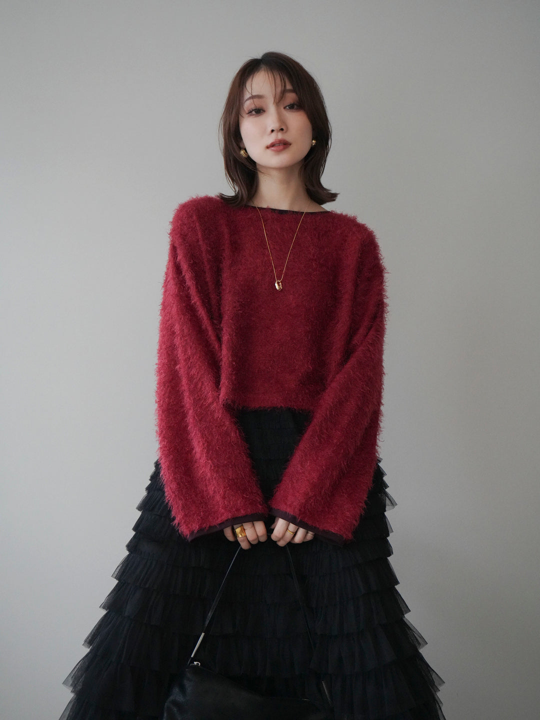 [予約]バイカラー2WAYシャギーニットカーディガン/red