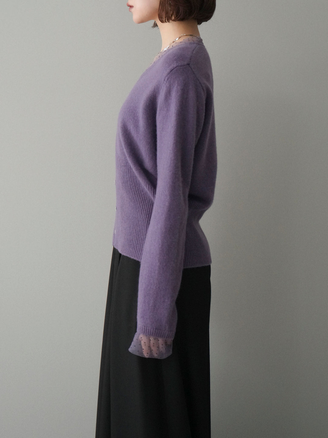 [予約]ドットチュールレイヤードボタンニットトップス/purple