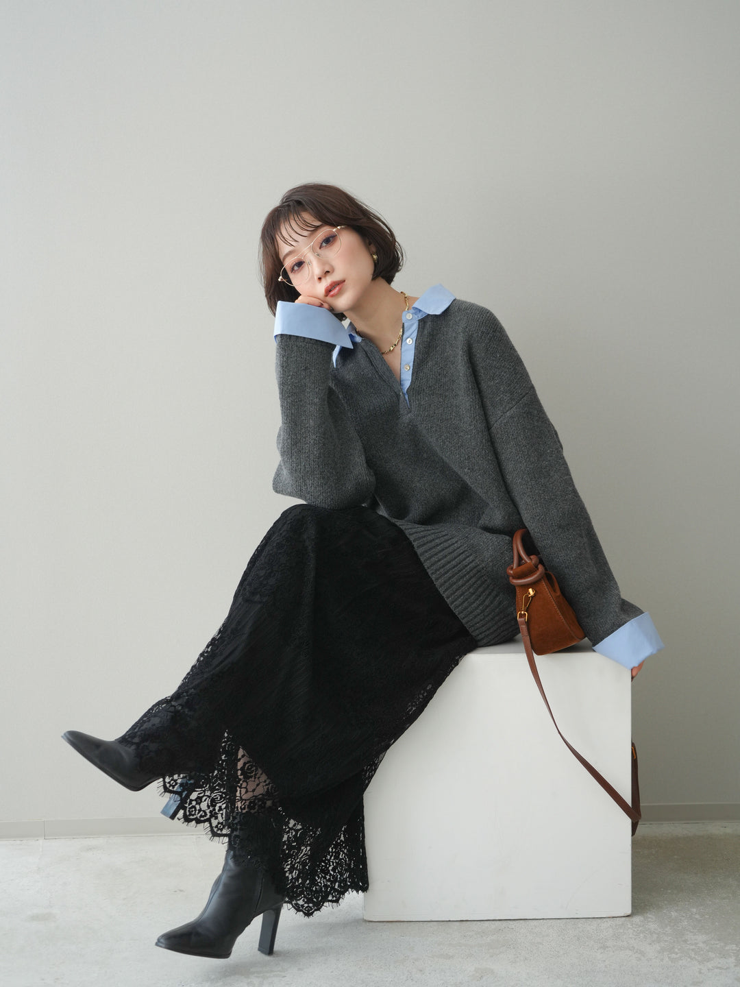 [予約]シャツドッキングオーバーニットプルオーバー/charcoalsax