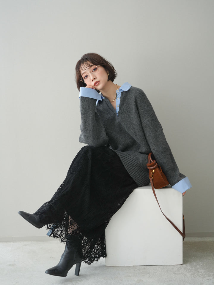 [予約]シャツドッキングオーバーニットプルオーバー/charcoalsax