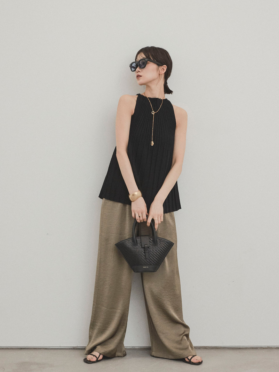 [SET]プリーツニットキャミソール+サテンイージーパンツ(2set)