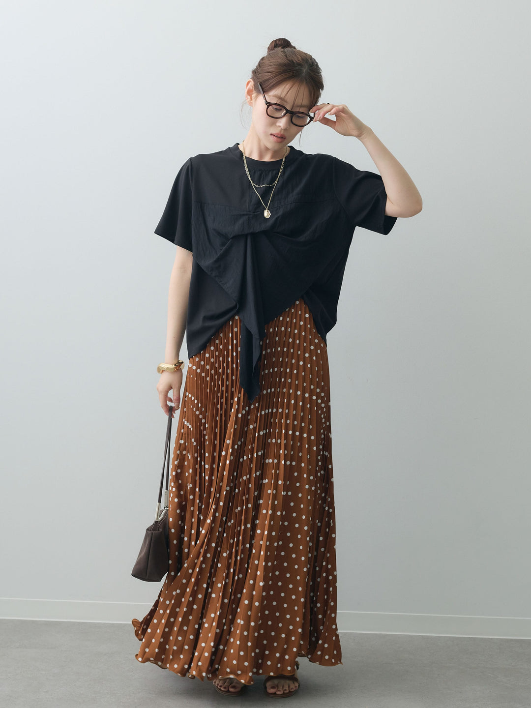 [SET]ラッフルドッキングTEE+ドットアコーディオンプリーツスカート(2set)