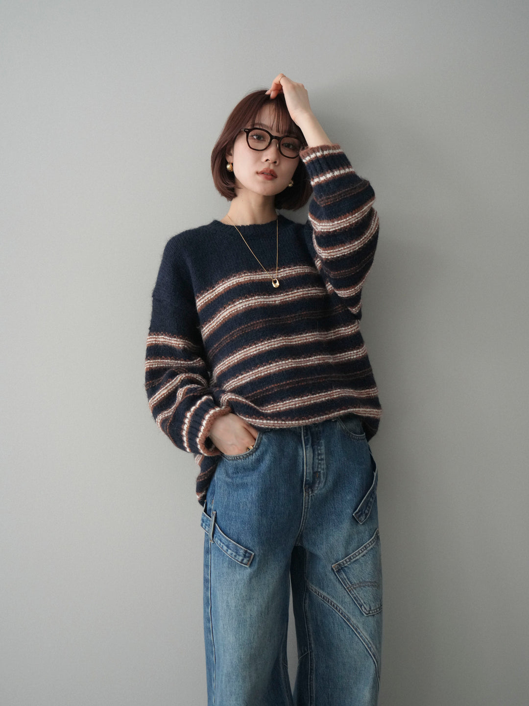 [SET]ステッチボーダーニットプルオーバー+ペインターカーブデニムパンツ(2set)