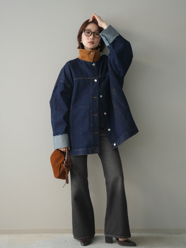 [SET]コーデュロイ×デニムミドルジャケット+フレアデニムパンツ(2set)