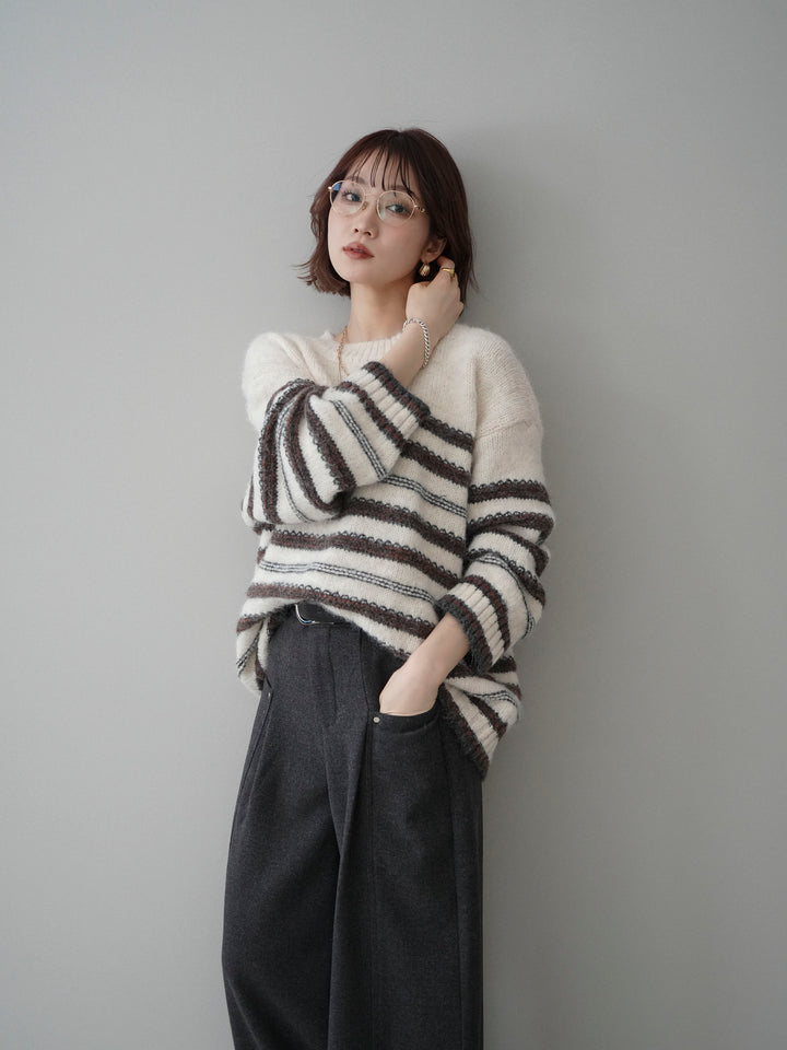 [SET]ステッチボーダーニットプルオーバー+ベルト付起毛コクーンパンツ(2set)