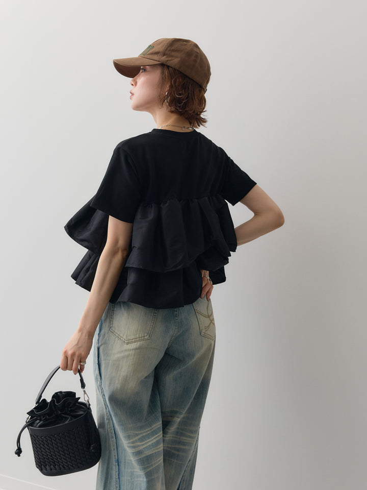 [SET]フリルティアードTEE+縦ウォッシュワイドデニムパンツ(2set)