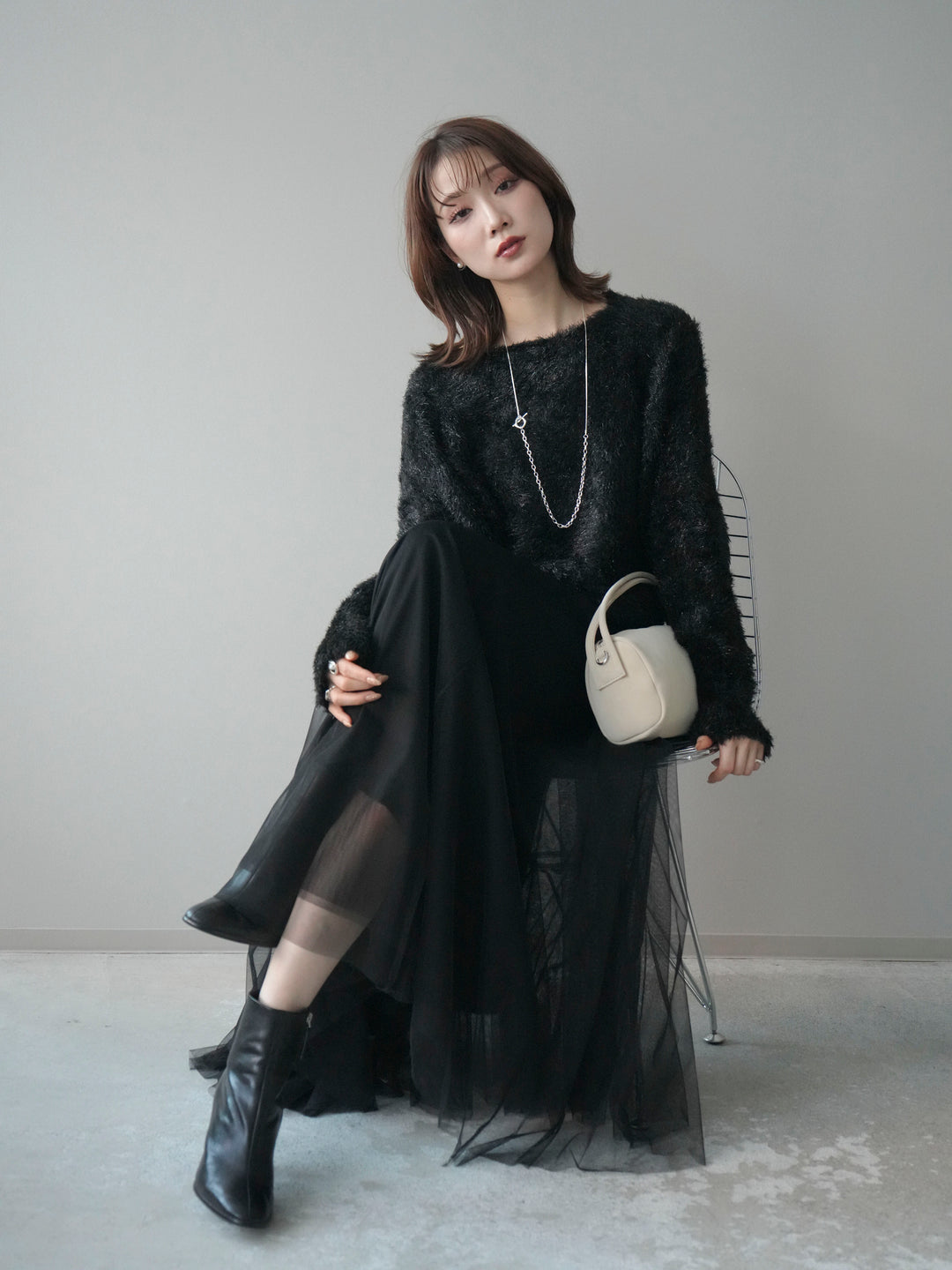 [予約]ラメシャギードルマンニットプルオーバー/black