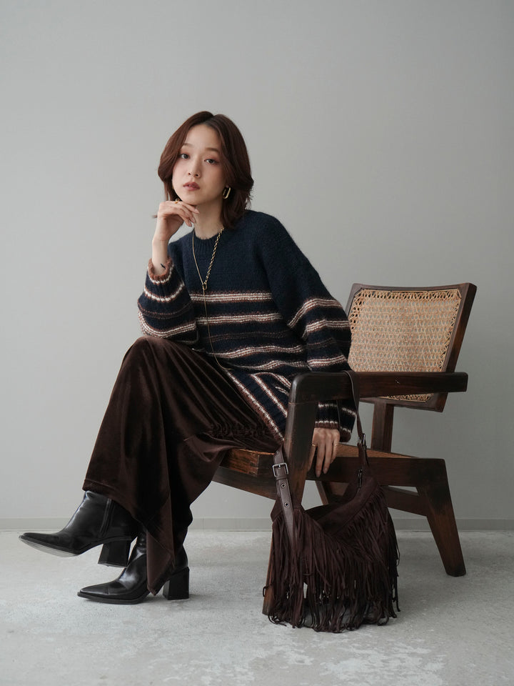 [SET]ステッチボーダーニットプルオーバー+ギャザーベロアスカート(2set)