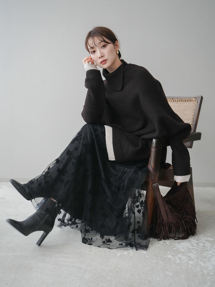 [予約]配色アシンメトリードルマンニットプルオーバー/brown