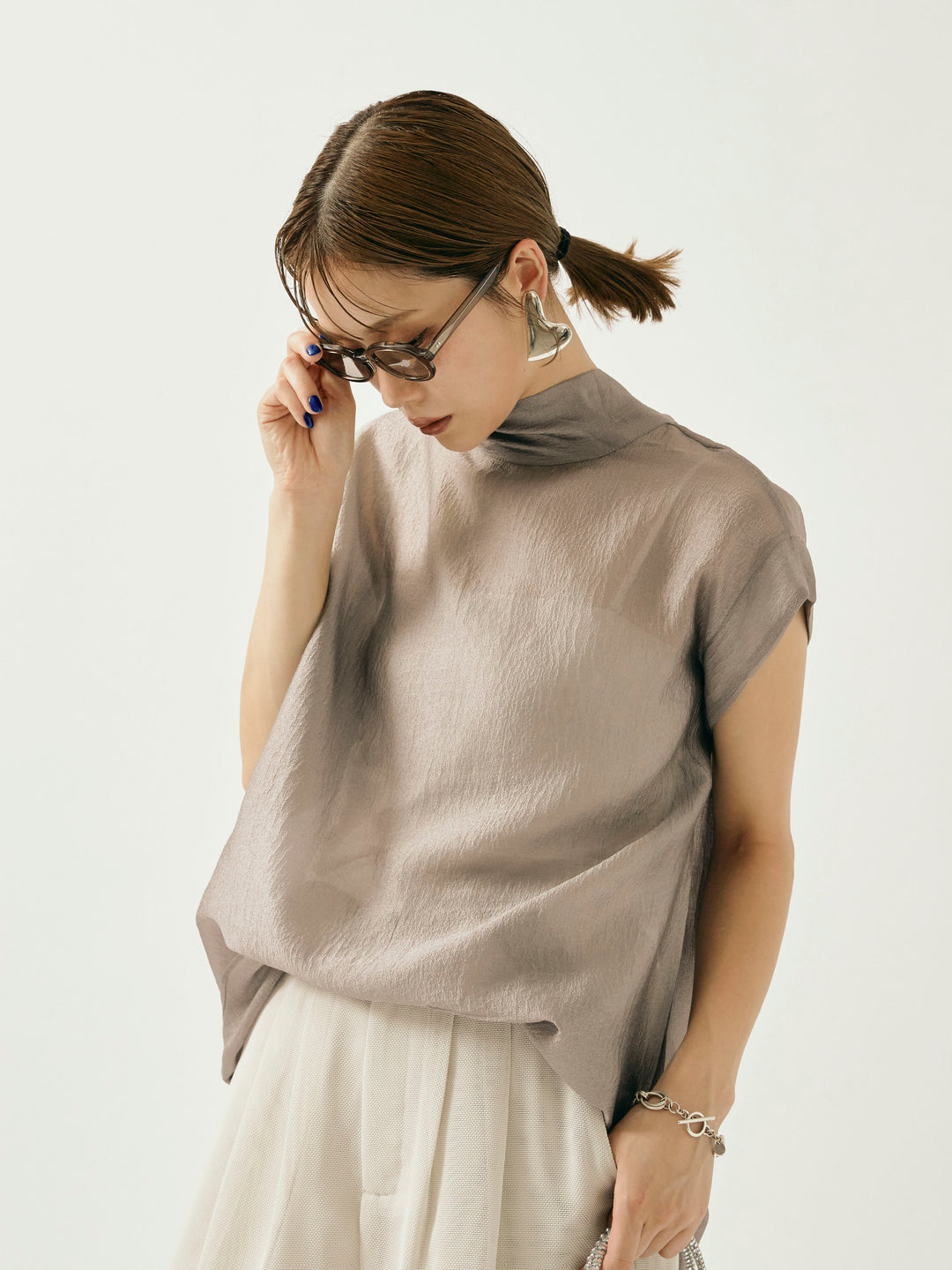 【Allure】[SET]シャイニーシアーブラウス+メッシュタックワイドパンツ(2set)