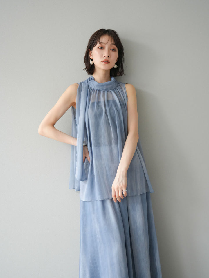 [SET]ニュアンスシアーホルターネックブラウス+ニュアンスシアーフレアスカート(2set)