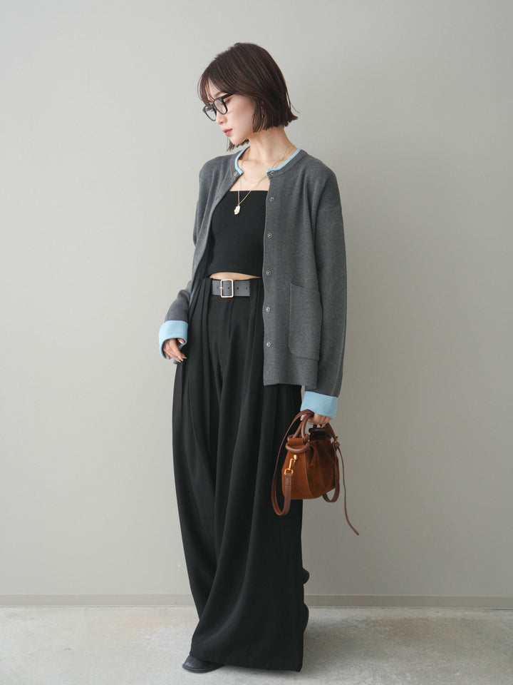 [SET]バイカラーオーバーニットカーディガン+タックベルトループワイドパンツ(2set)