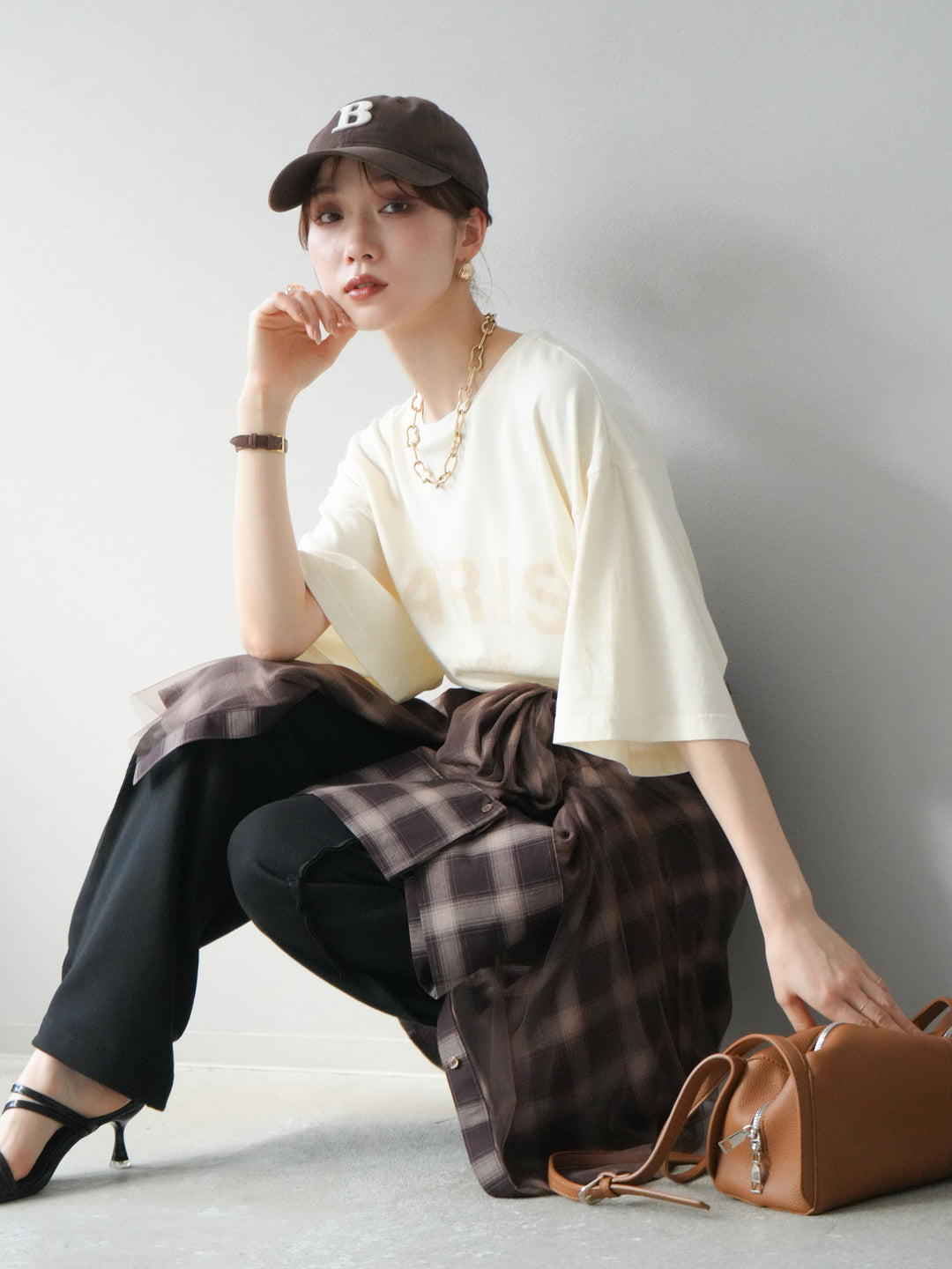 [SET]ピグメントロゴプリントTシャツ+2WAYデザインスウェットパンツ+チュールドッキングチェック柄オーバーサイズシャツ(3set)