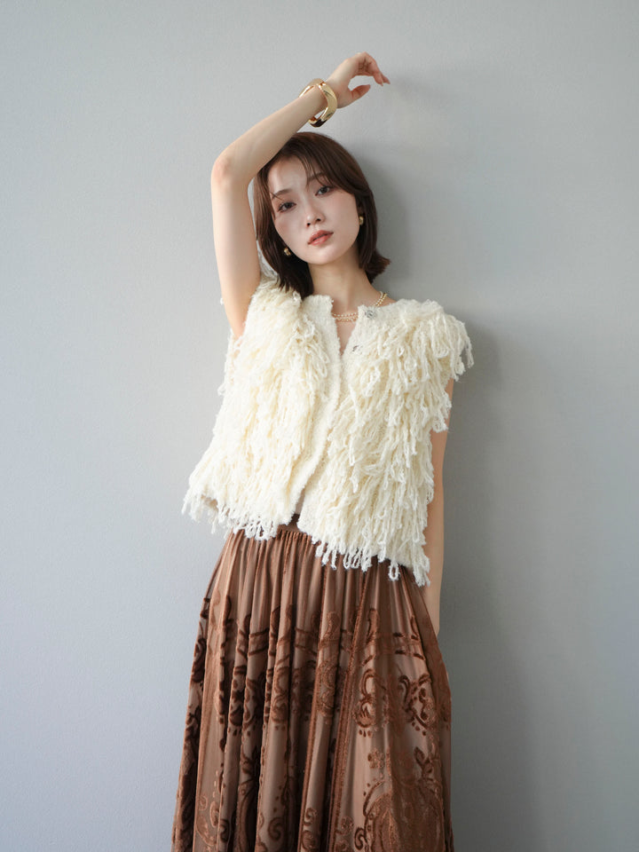 [SET]フリンジループニットベスト+アンティーク柄フロッキーマキシスカート(2set)