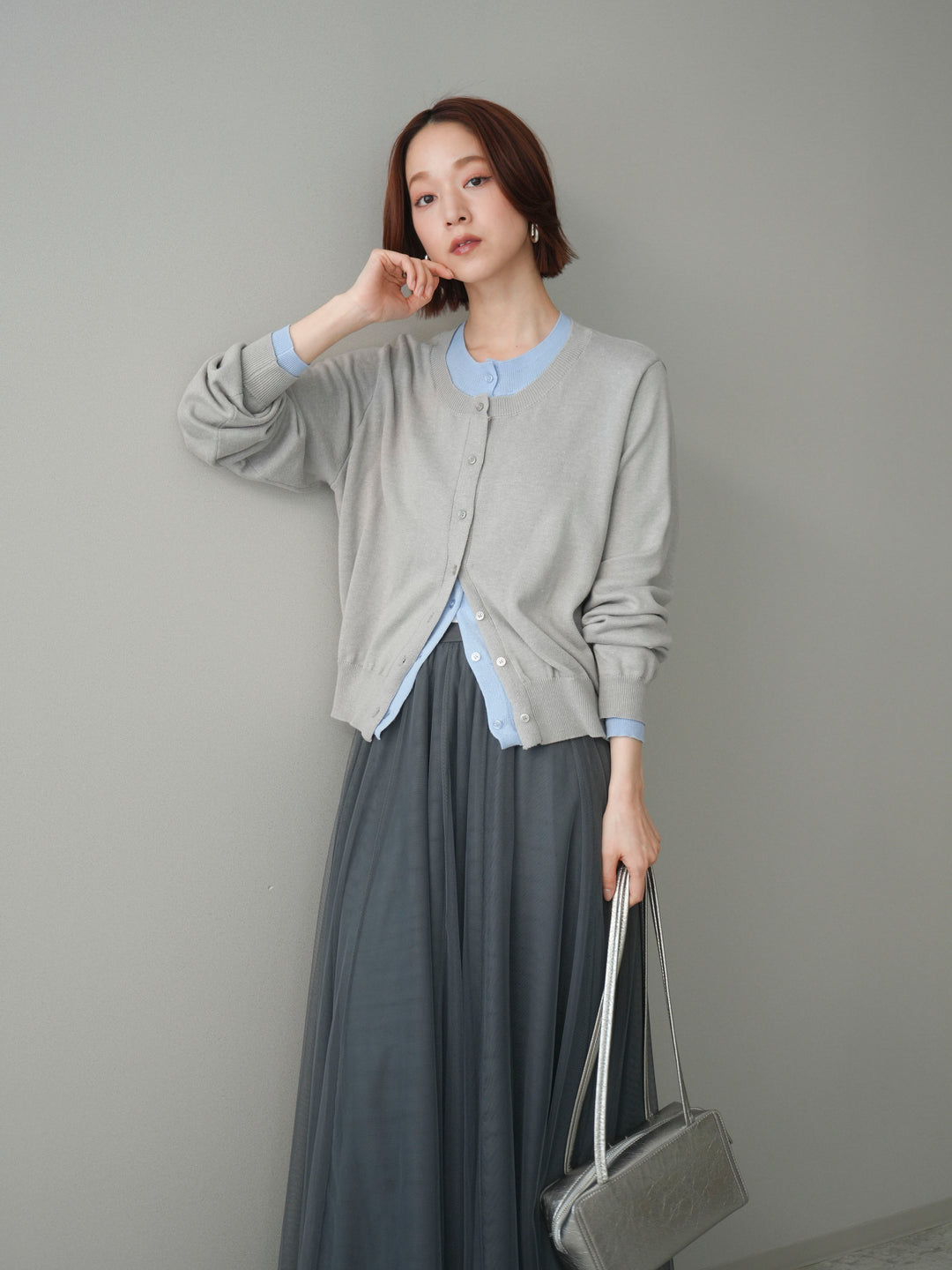 [予約]配色レイヤードコットンアクリルニットカーディガン/mokugray