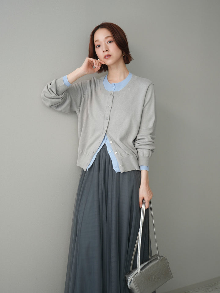 [予約]配色レイヤードコットンアクリルニットカーディガン/mokugray
