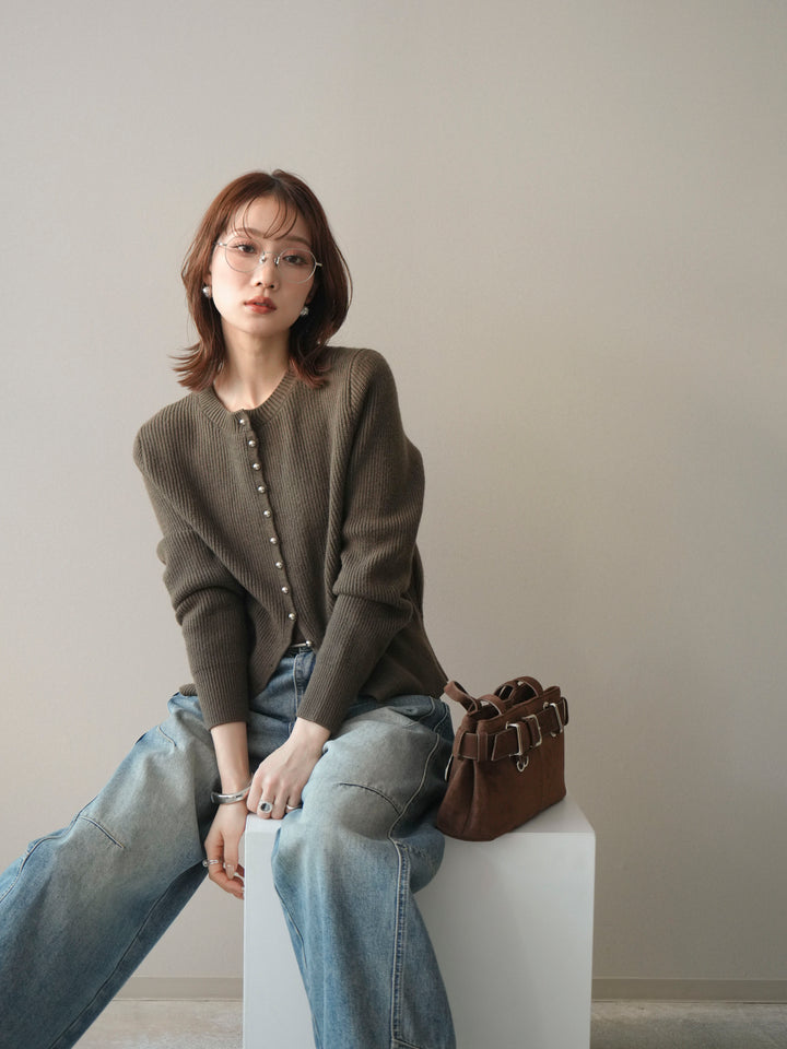 [予約]シルバーボタン畦編みニットカーディガン/brown