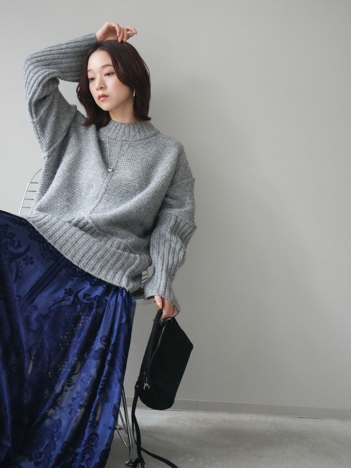 [SET]編み地切替ボトルネックニットプルオーバー+アンティーク柄フロッキーマキシスカート(2set)