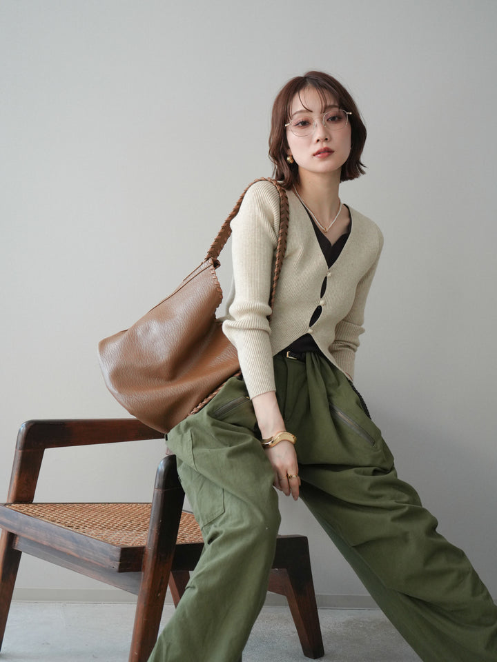 [予約]Vネック配色レイヤードスリットニットトップス/beige