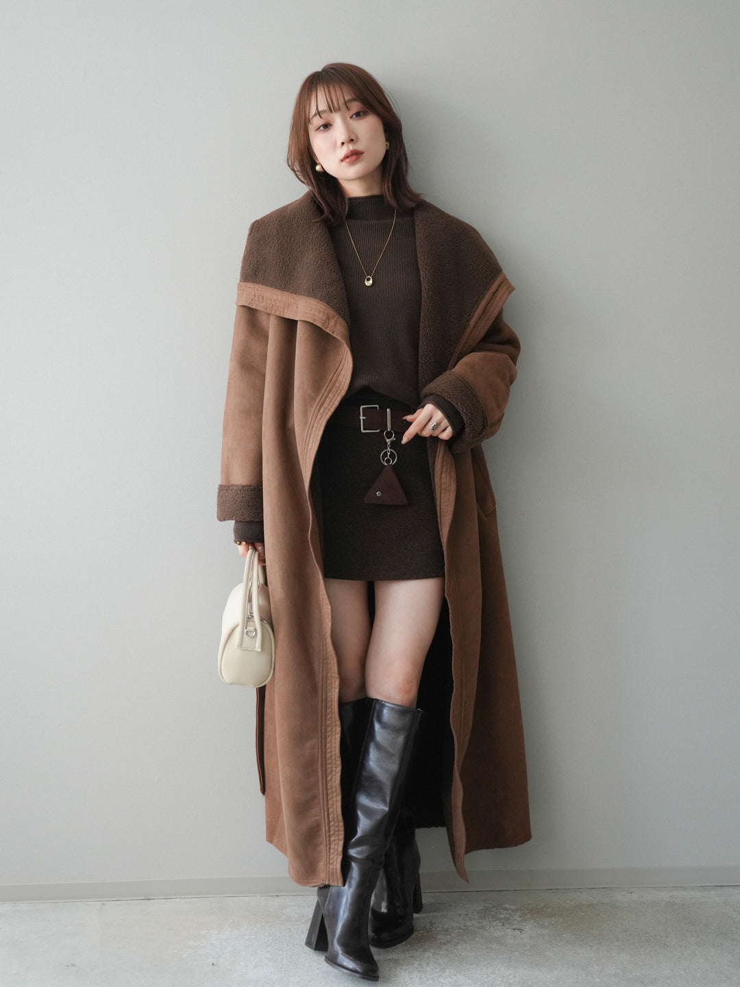 [予約]ウールタッチベルト付ミニスカート/brown