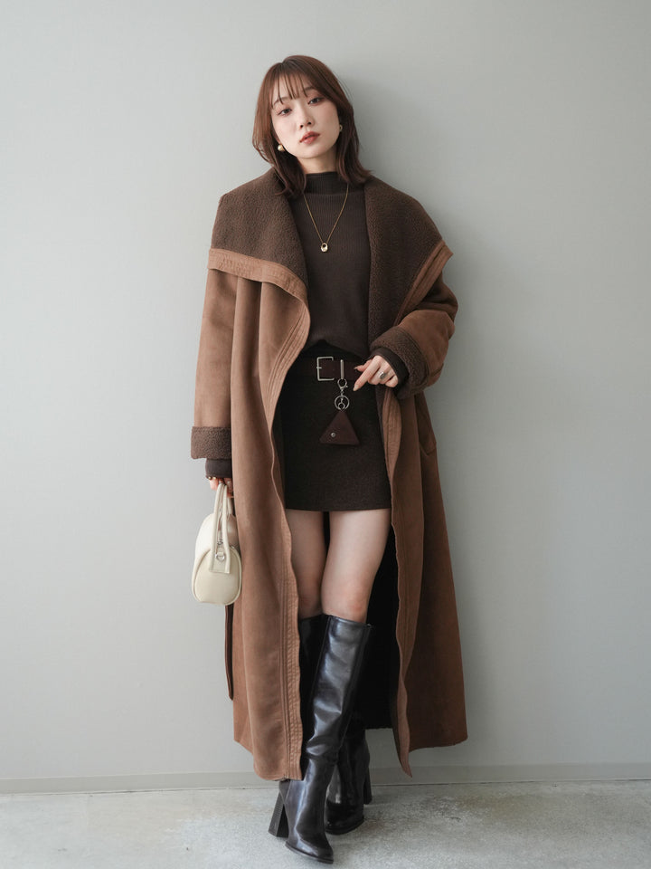 [予約]ウールタッチベルト付ミニスカート/brown