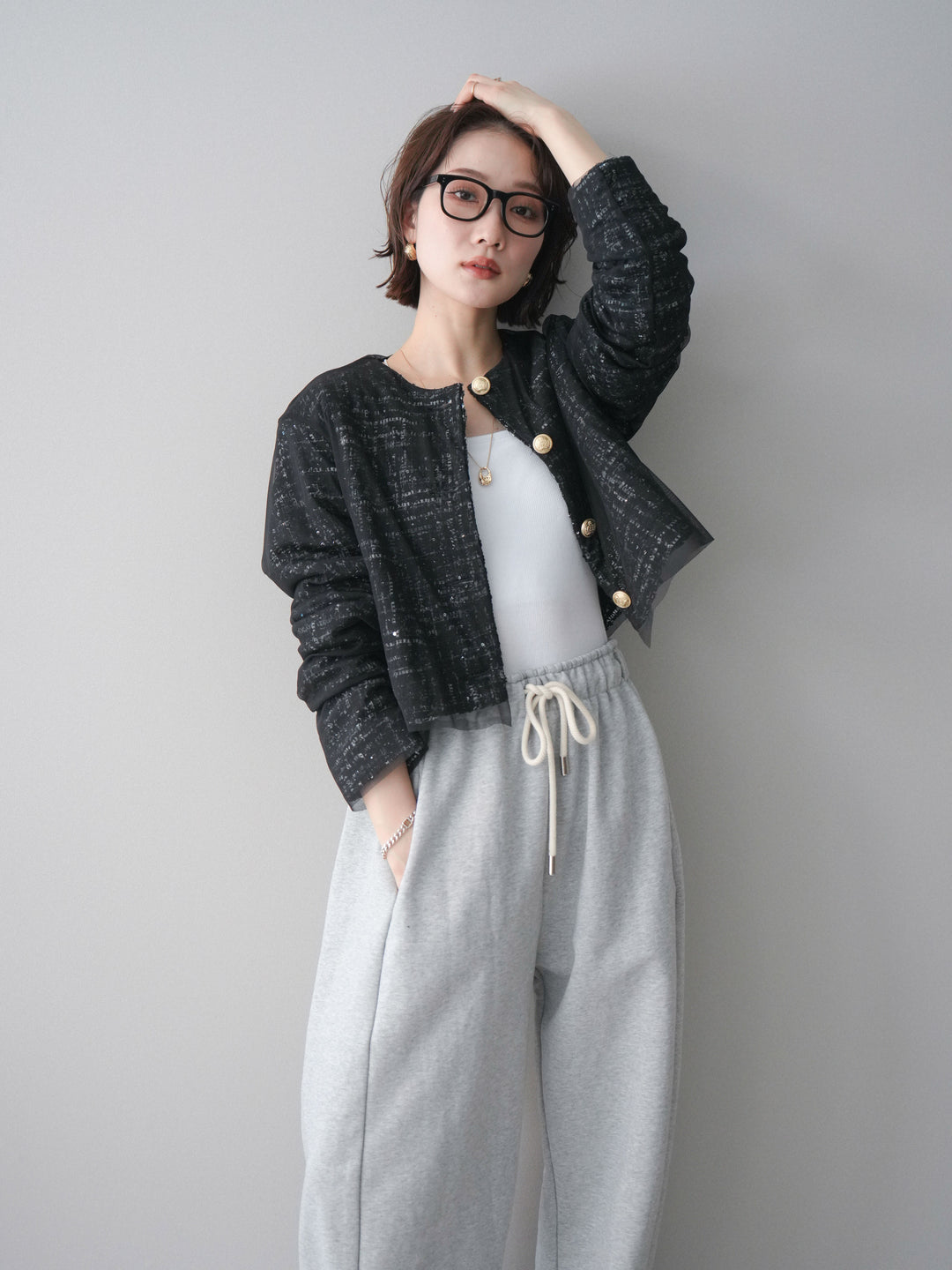 [SET]チュールレイヤードツイードクロップドジャケット+裾ZIPスエットワイドパンツ(2set)