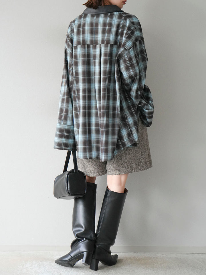 【着回しセット】[SET]レザー襟オンブレチェックオーバーシャツ +クラッシュベロアナロースカート+ツイードハーフパンツ(3set)