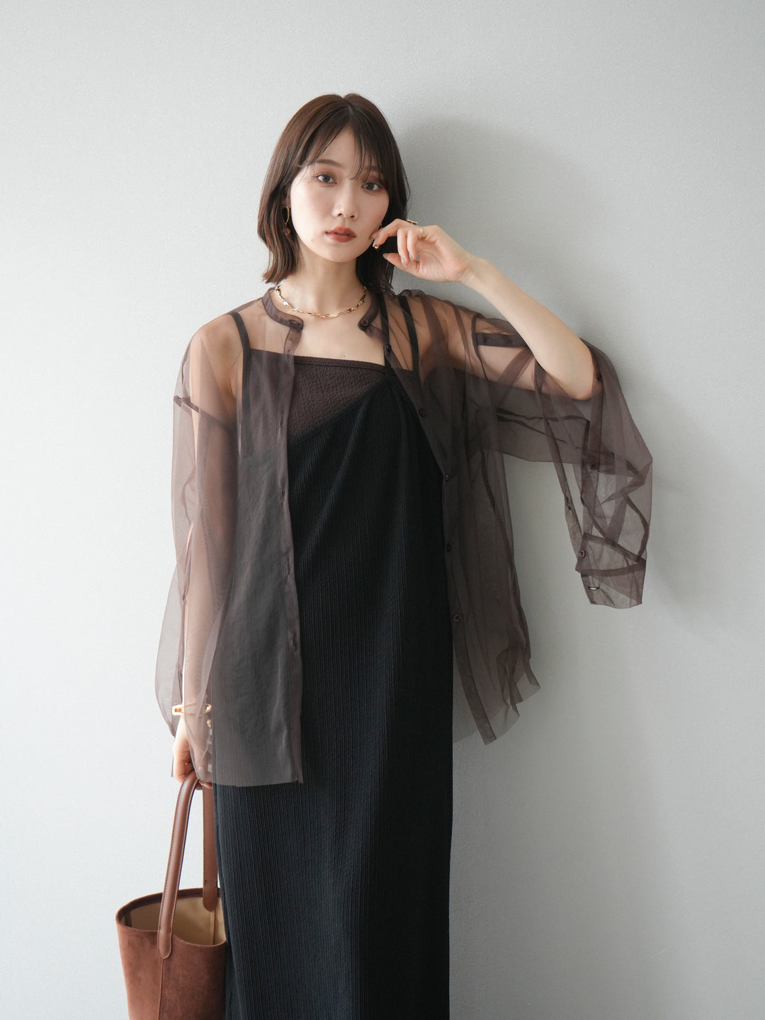 [予約]2WAYスリーブチュールシャツ/ブラウン