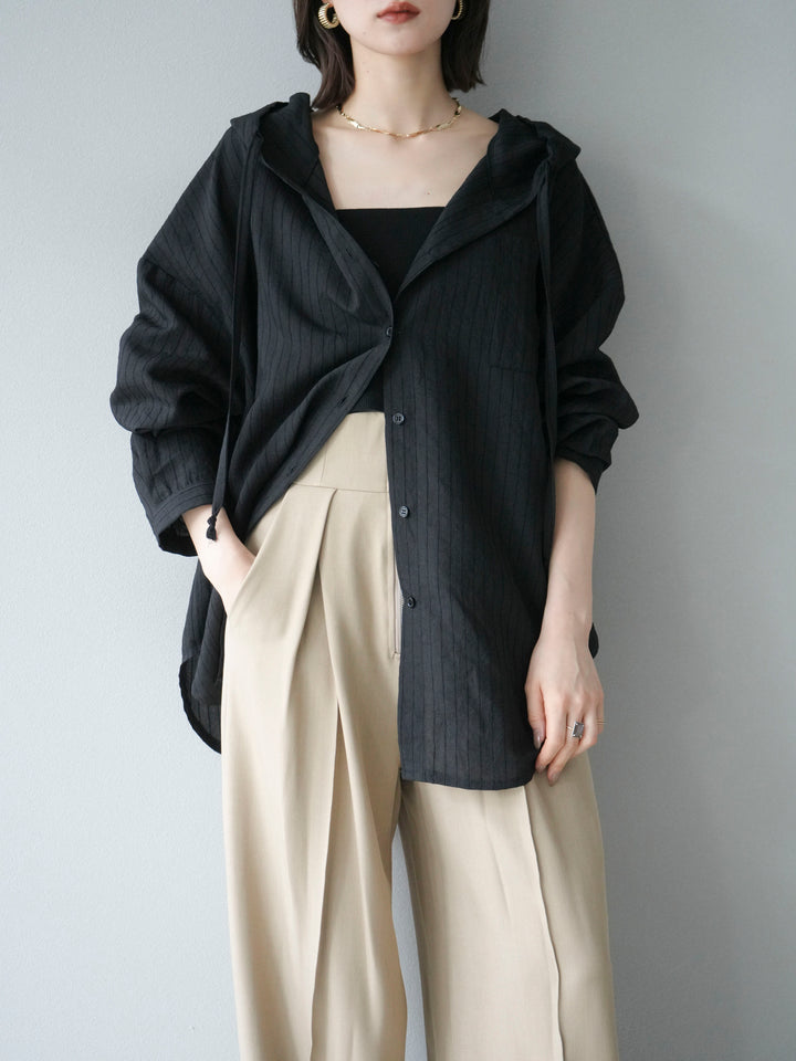 [予約]ワッシャーストライプフーディーシャツ/ブラック