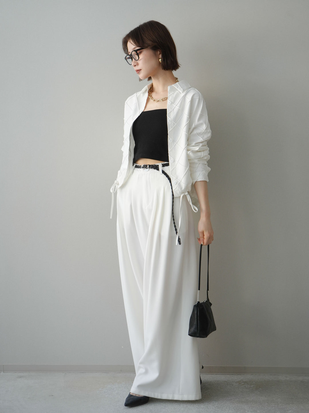 [SET]パイピングクロスデザインブラウス+編み込みベルト付タックワイドパンツ(2set)