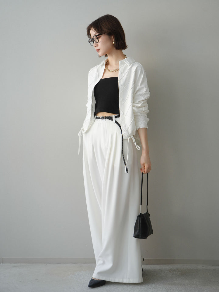 [SET]パイピングクロスデザインブラウス+編み込みベルト付タックワイドパンツ(2set)