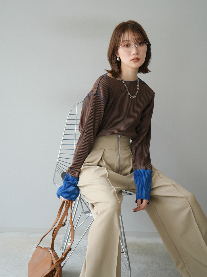 [予約]バイカラープリーツトップス/ブラウン