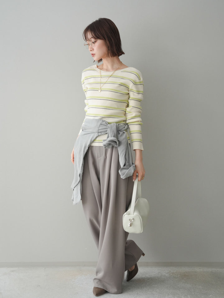 [予約]ウエストバイカラータックワイドパンツ/greige