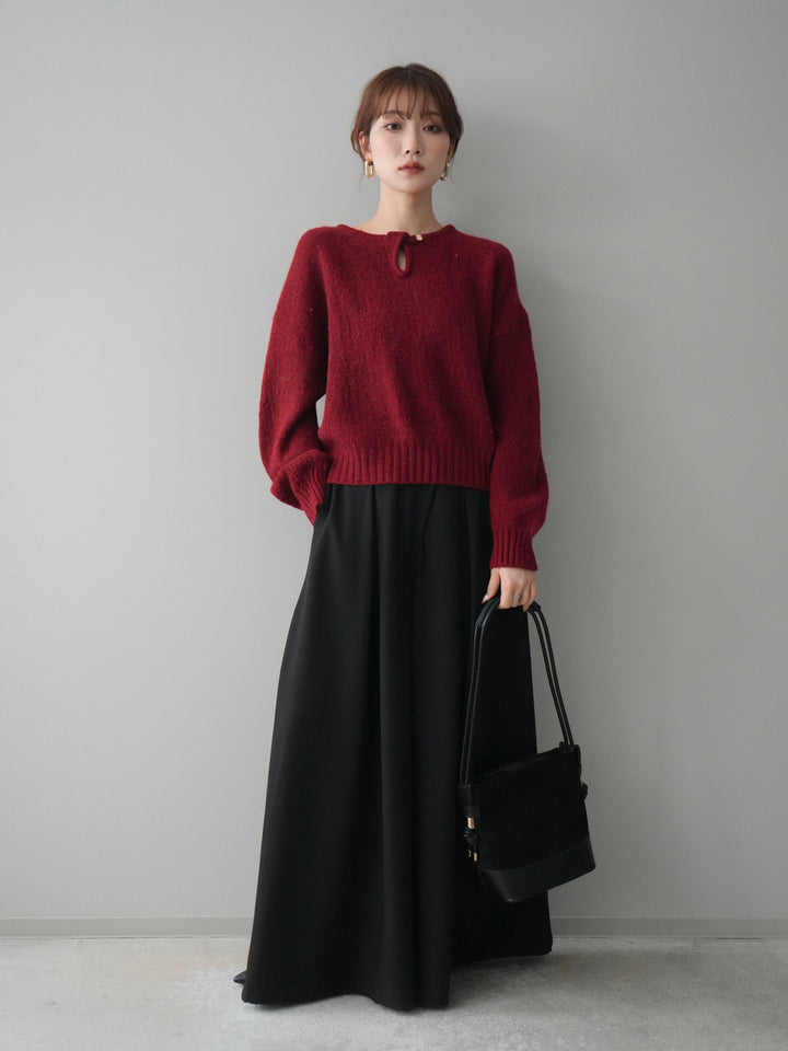 [SET]ツイストネックラメネップヤーンニットプルオーバー+テープベルトタックバギーパンツ(2set)