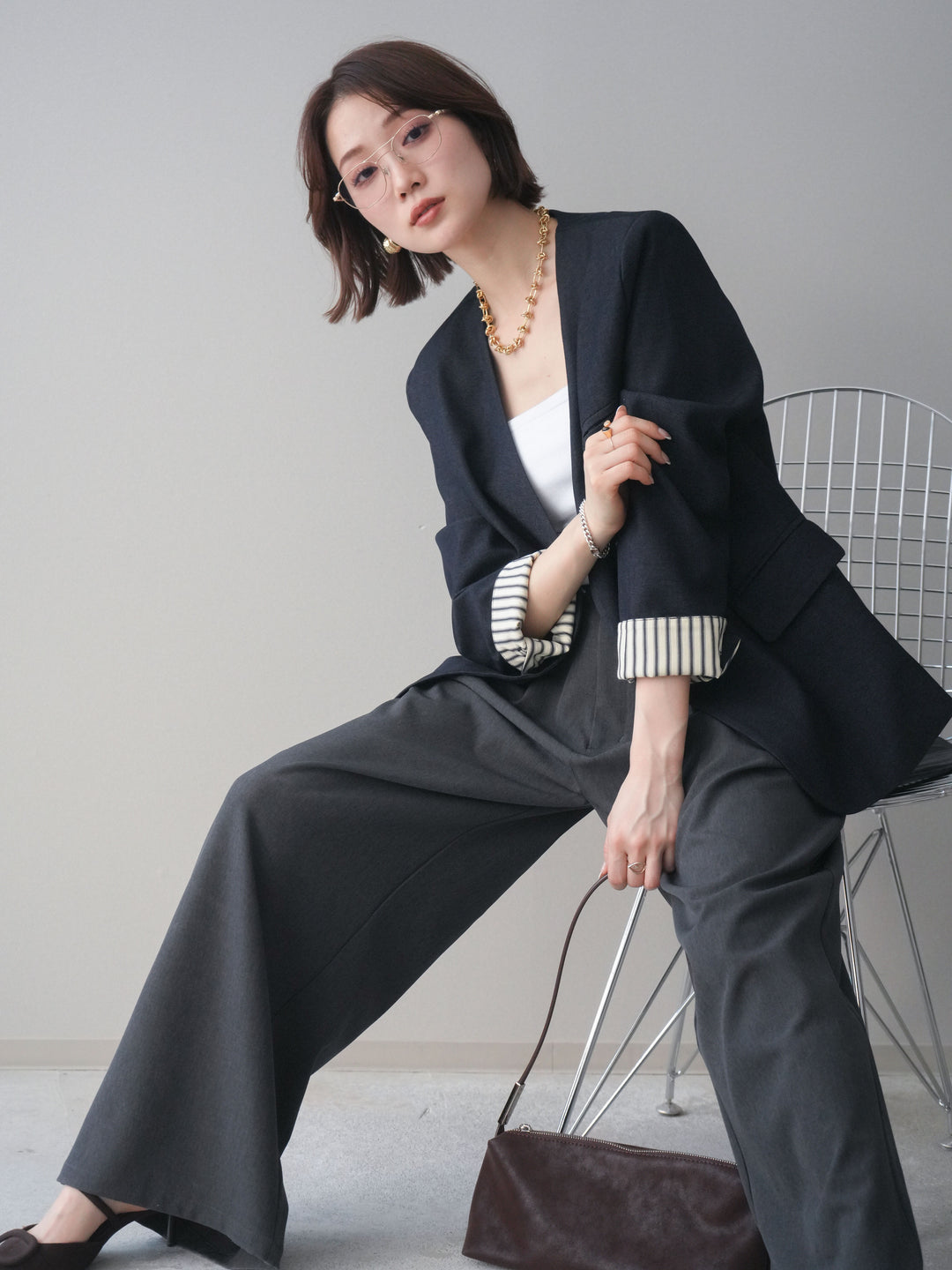 [SET]ノーカラージャケット+カップ付テレコリブベアキャミソール+サテンベルトタックワイドパンツ(3set)