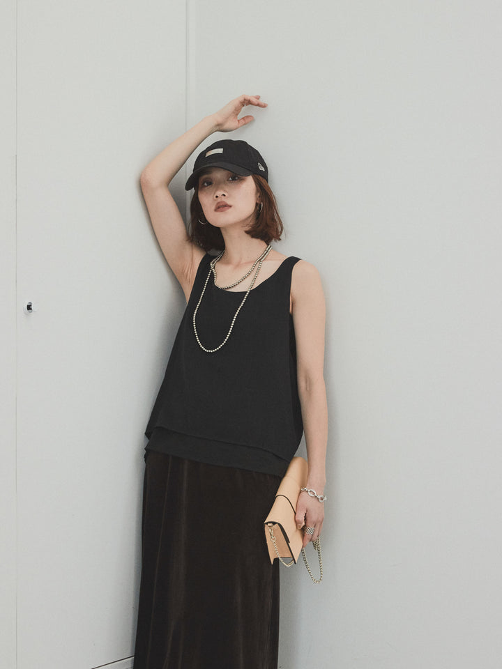 [SET]ワッシャーサテンシアーレイヤードタンクトップ+ベロアナロースカート(2set)