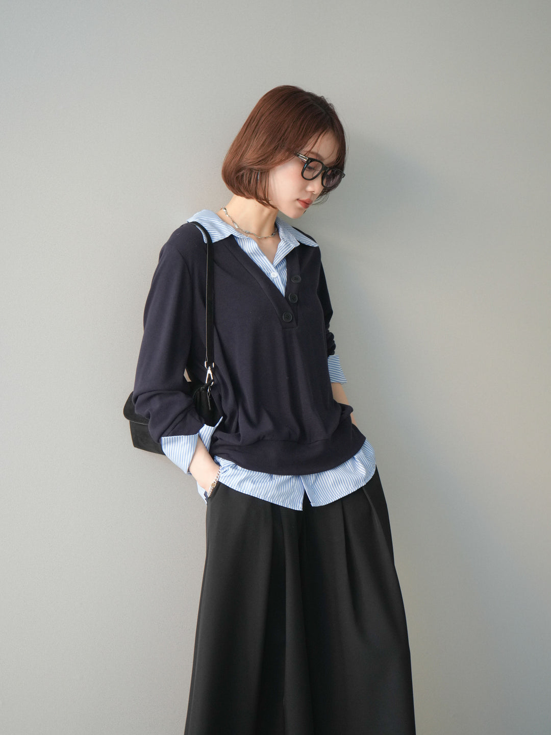 [予約]シャツレイヤードデザインカットプルオーバー/navy