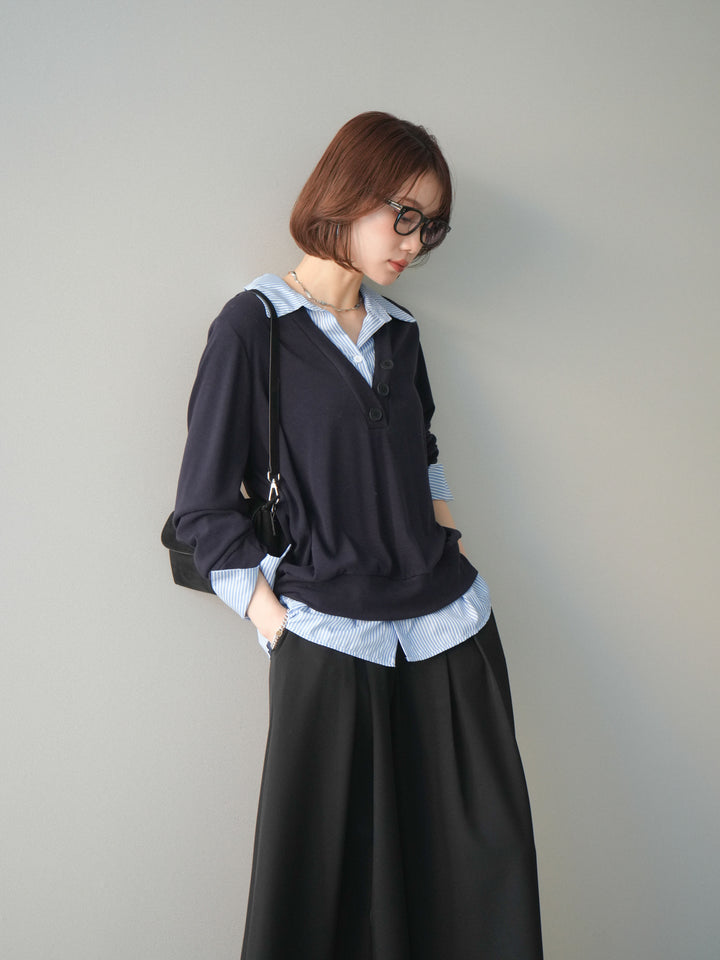 [予約]シャツレイヤードデザインカットプルオーバー/navy