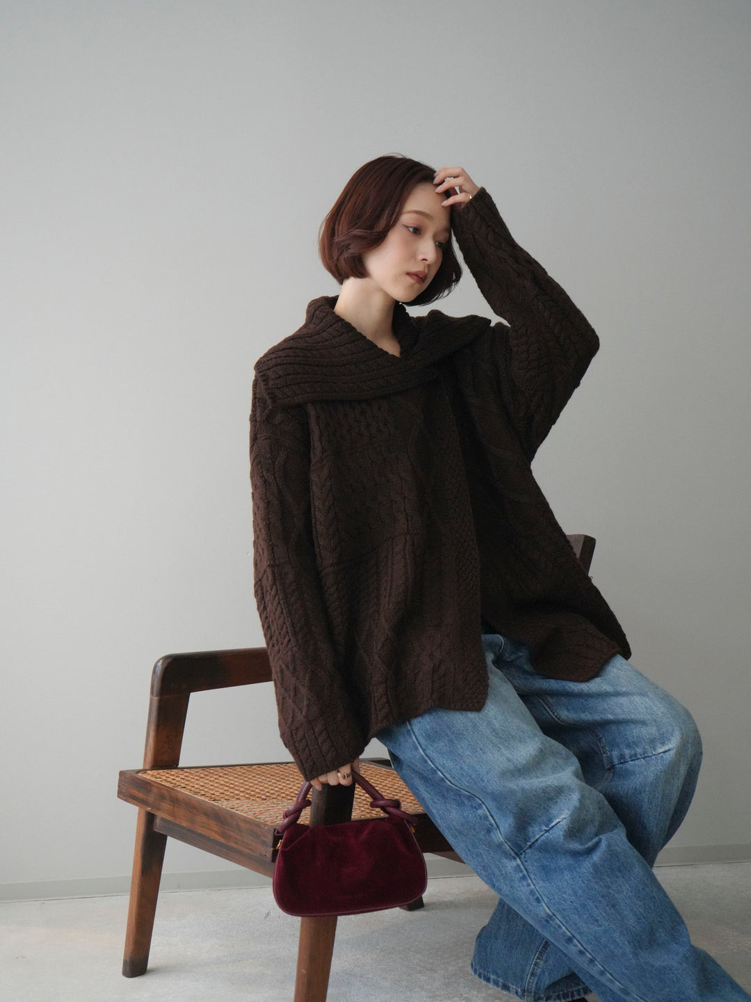 [予約]ケーブル編みデザインニットカーディガン/brown