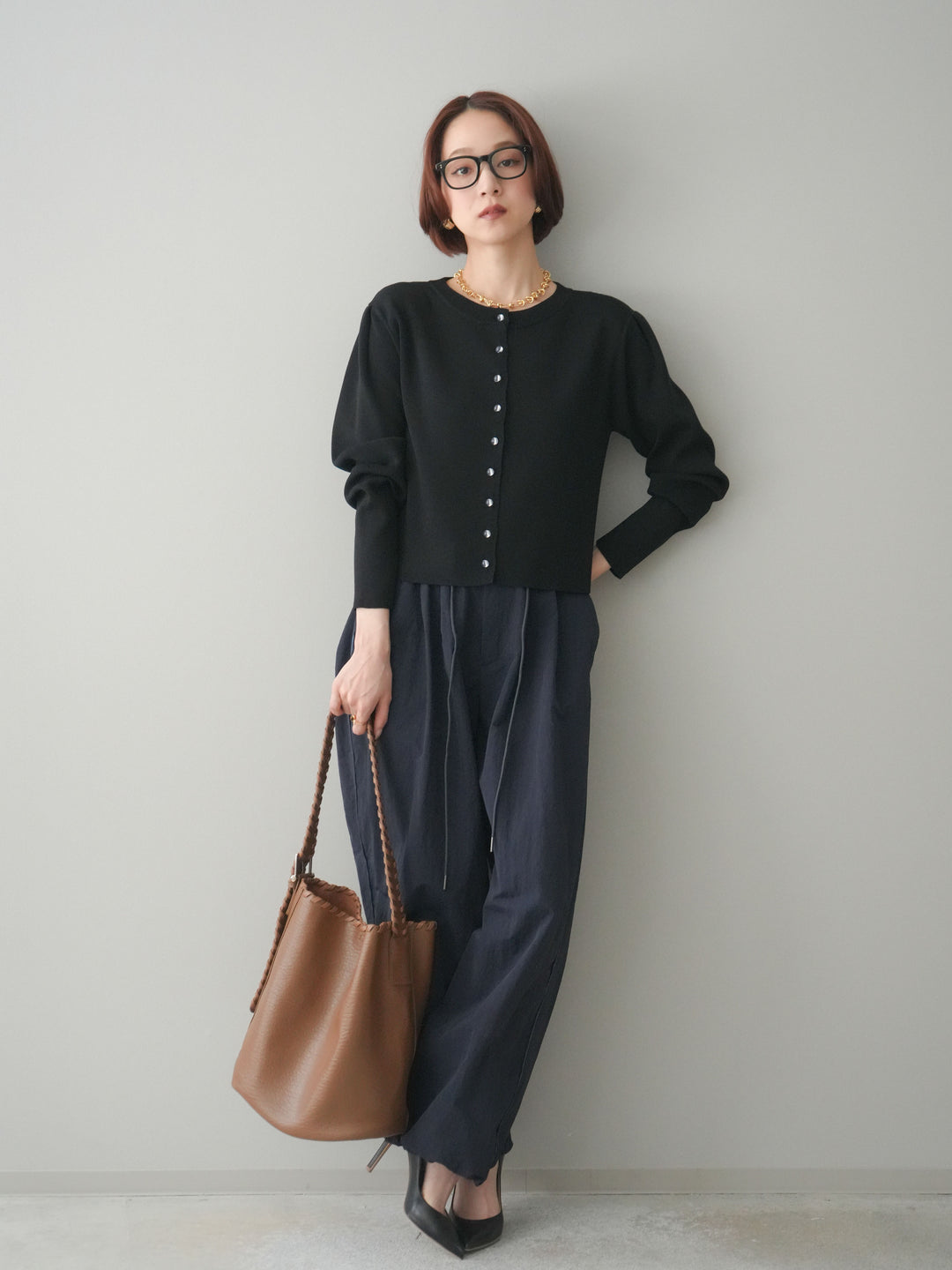 [SET]クリアボタンタックニットカーディガン+ドロストサイドラインナイロンパンツ(2set)