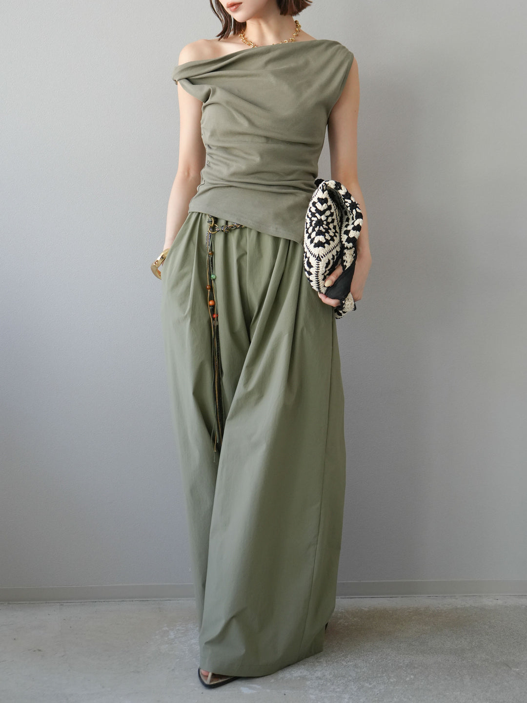 [SET]タックデザイントップス＆ビーズベルト付きパンツSET UP(2set)