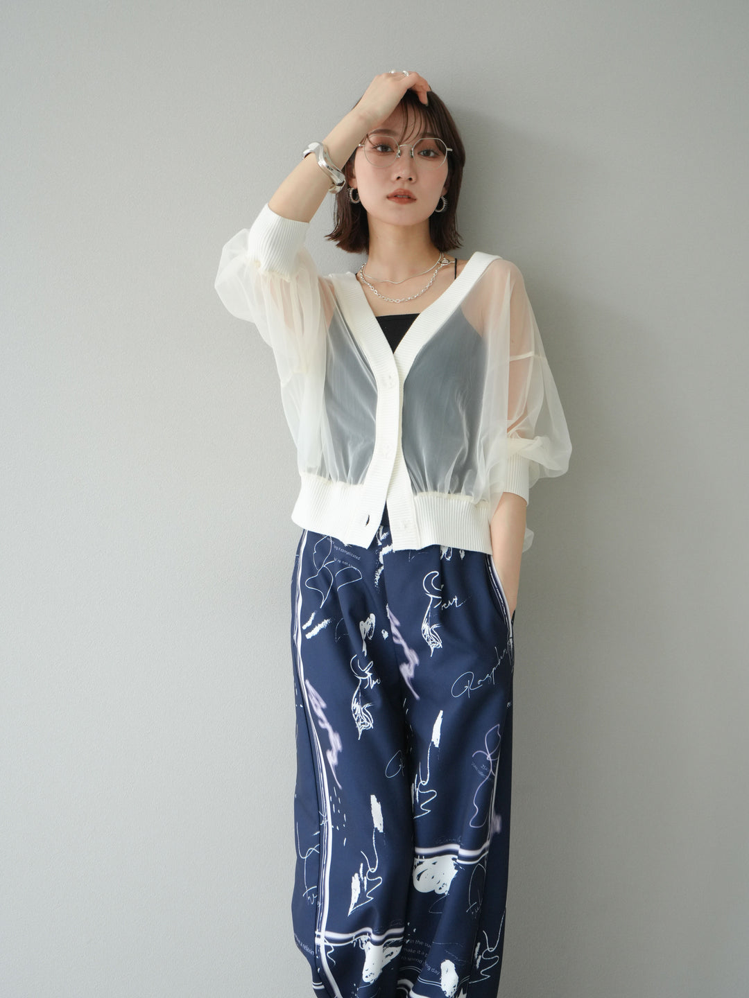[SET] 透視半袖褶皺開襟衫 + 彩繪圖案褶襉褲 (2set)