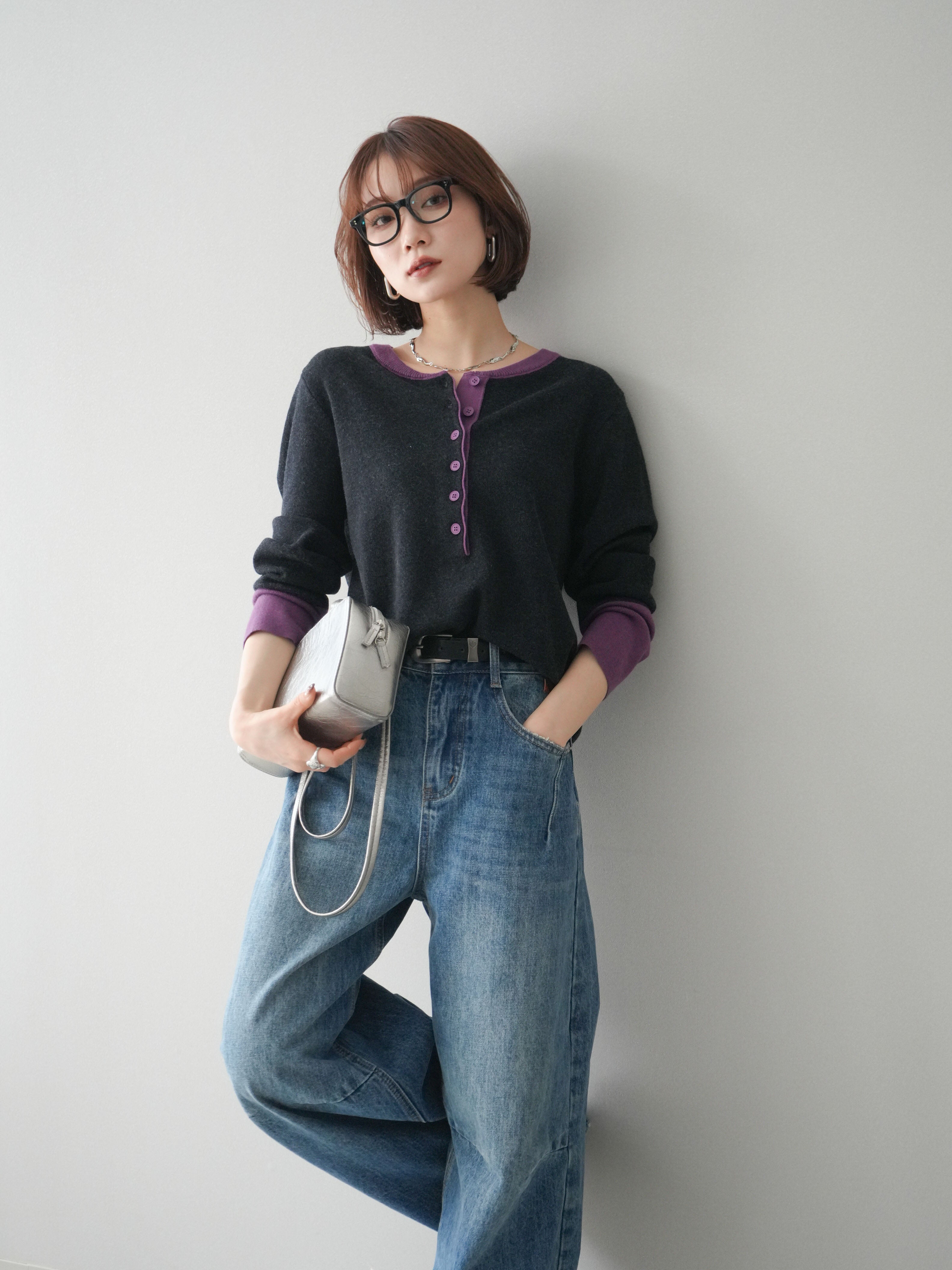 SET]ヘンリーネック配色ニットソー+ヘンリーネック配色ニットソー(2set