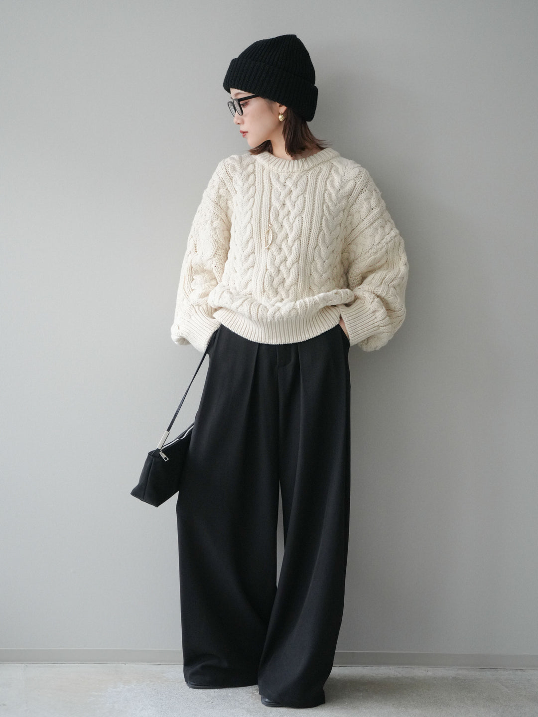 [SET]ボリュームケーブルニットプルオーバー+ベルトループデザインワイドパンツ(2set)