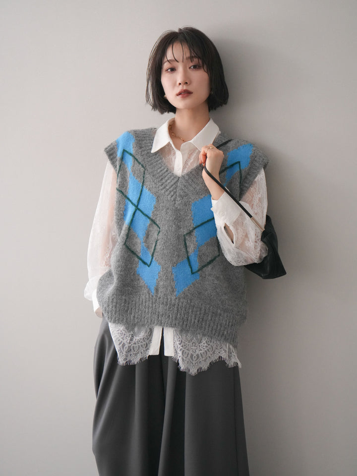 [SET]アーガイルVネックニットベスト+選べるアクセセット(2set)