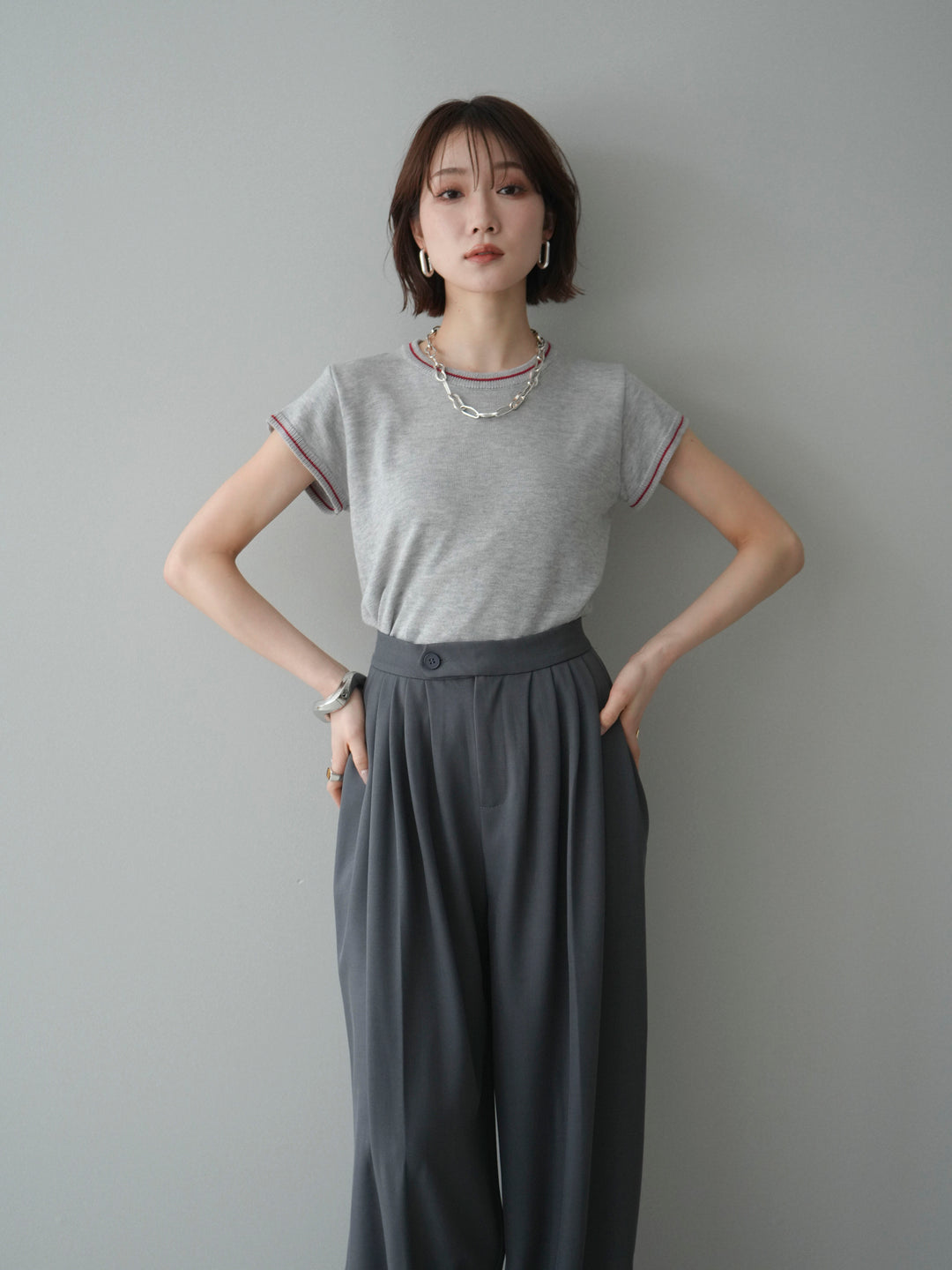 [SET]配色ハーフスリーブニットトップス+配色ハーフスリーブニットトップス(2set)