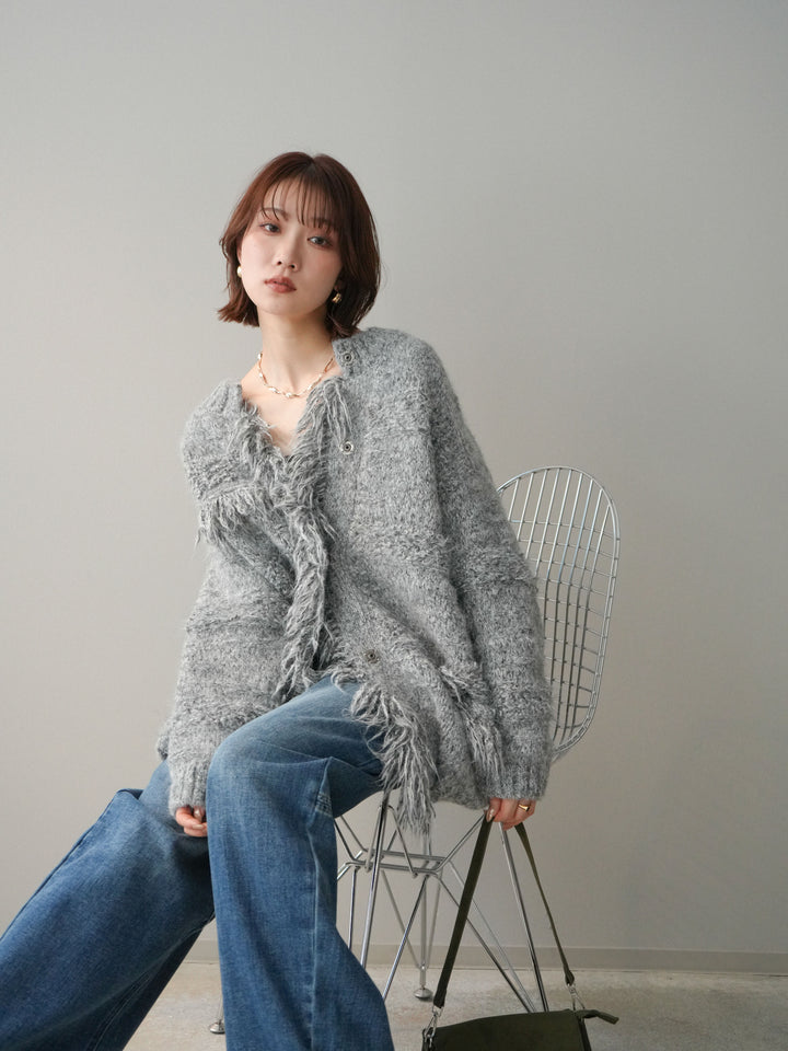 [SET]ミックスヤーンフリンジデザインニットジャケット+裏起毛加工デニムカーブパンツ(2set)