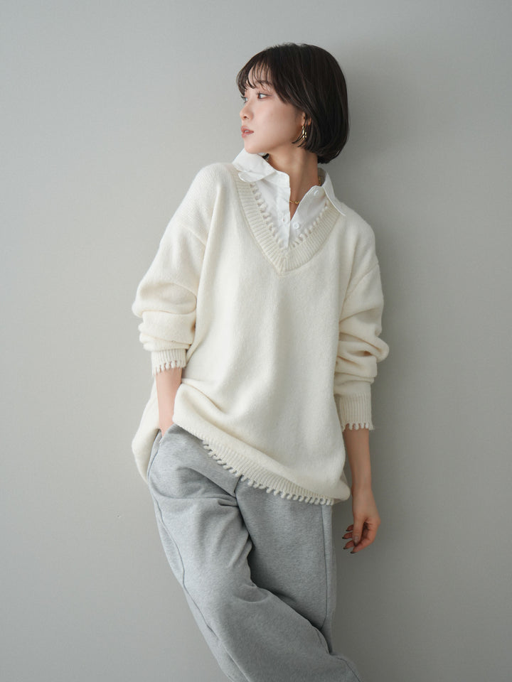 [SET]シャツドッキングVネックフリンジニットプルオーバー+選べるアクセセット(2set)