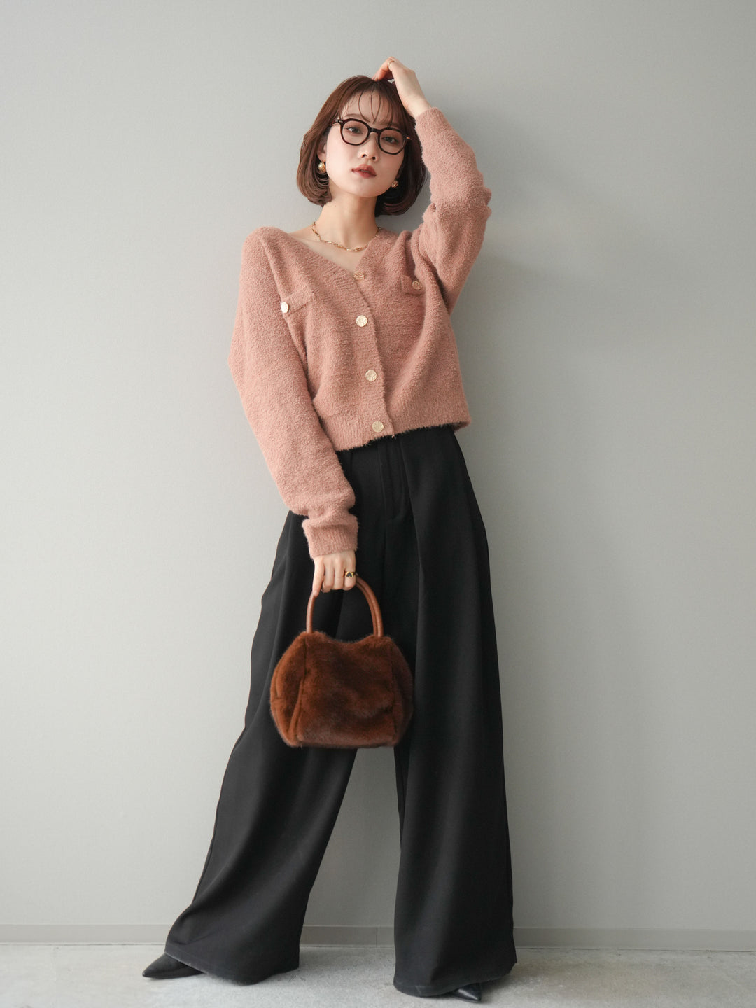 [SET]ゴールドボタンモールニットカーディガン+ベルトループデザインワイドパンツ(2set)