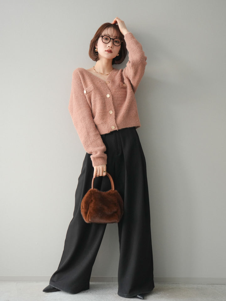 [SET]ゴールドボタンモールニットカーディガン+ベルトループデザインワイドパンツ(2set)
